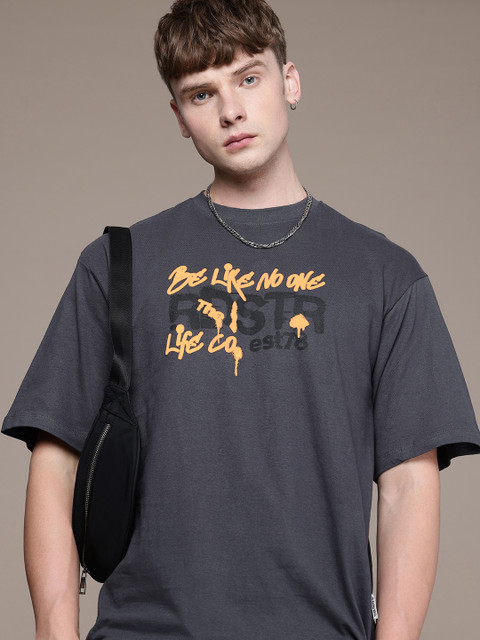 The Roadster Life Co. Printed Drop-Shoulder Sleeves Relaxed Fit Pure Cotton T-shirt