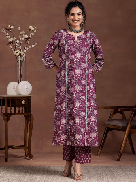 Libas Women Floral Printed Panelled Pure Cotton Kurta with Trousers