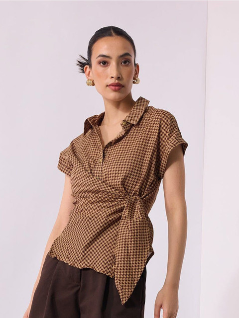 Virgio Women Rescued Poly Fabric Shirt Collar Regular Length Geometric Roll-Up Sleeves Top - Image 2