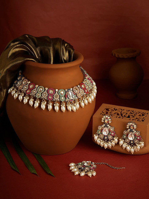 Zaveri Pearls Gold-Plated Stones-Studded & Beaded Jewellery Set