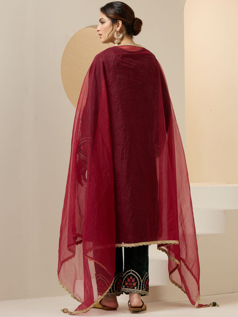 Ishin Women Floral Embroidered Regular Thread Work Velvet Kurta with Trousers & With Dupatta - Image 4