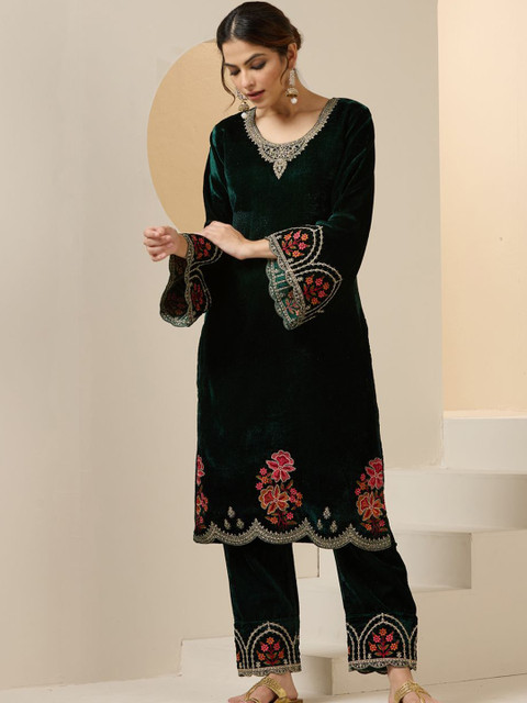 Ishin Women Floral Embroidered Regular Thread Work Velvet Kurta with Trousers & With Dupatta - Image 5