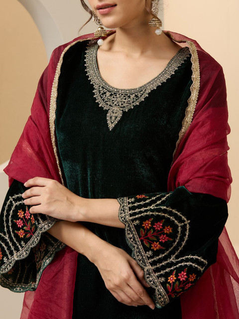 Ishin Women Floral Embroidered Regular Thread Work Velvet Kurta with Trousers & With Dupatta - Image 3