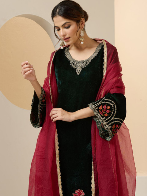 Ishin Women Floral Embroidered Regular Thread Work Velvet Kurta with Trousers & With Dupatta - Image 6