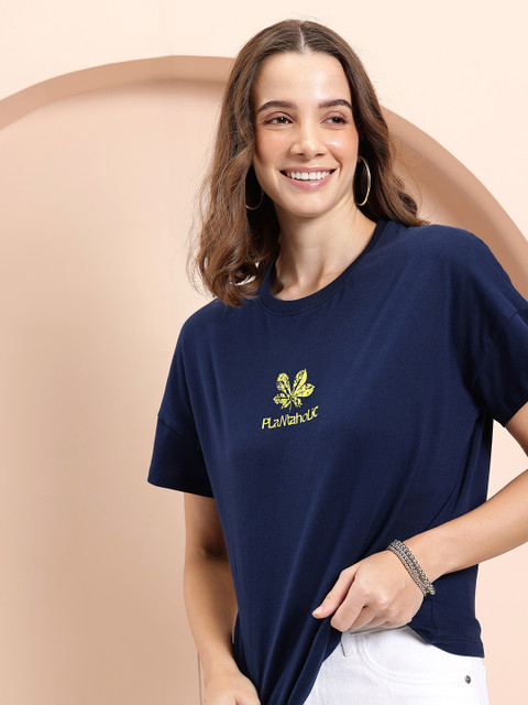 Mast & Harbour Typography Printed Drop-Shoulder Sleeves Pure Cotton T-shirt