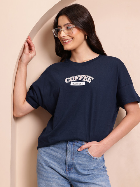 Mast & Harbour Typography Printed Pure Cotton Relaxed Fit T-shirt