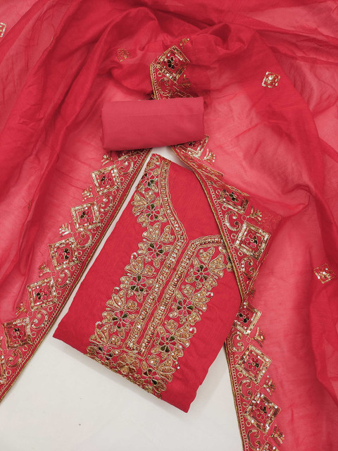 KALINI Floral Embroidered Sequinned Chanderi Silk Unstitched Dress Material