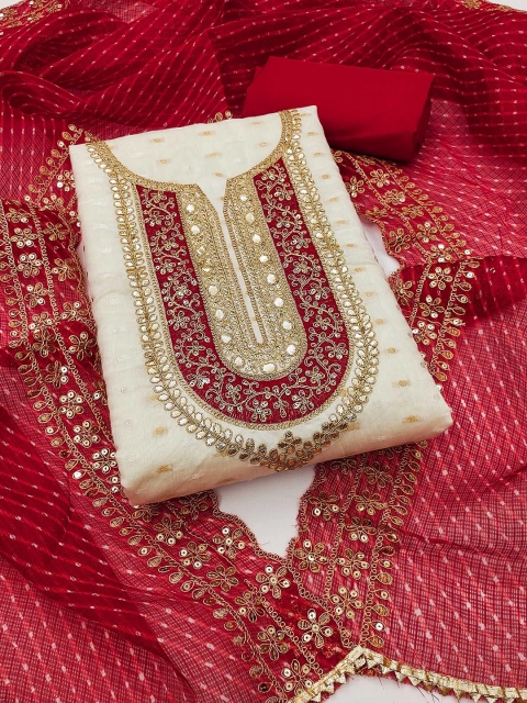 KALINI Ethnic Motifs Embroidered Sequinned Chanderi Butti Silk Unstitched Dress Material