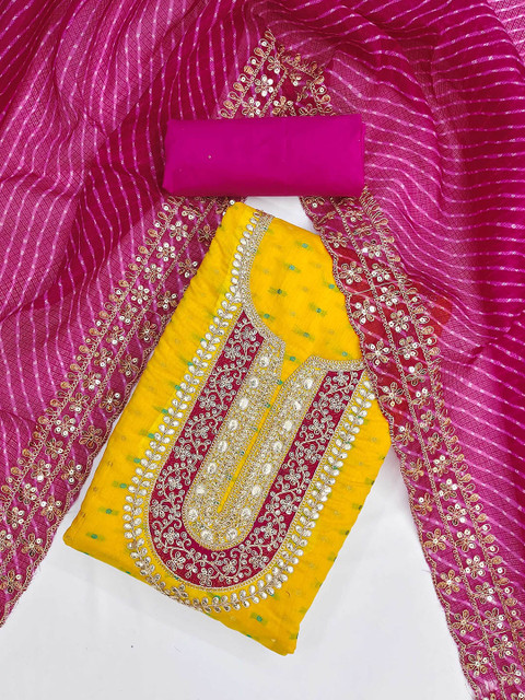 KALINI Ethnic Motifs Embroidered Sequinned Chanderi Butti Silk Unstitched Dress Material