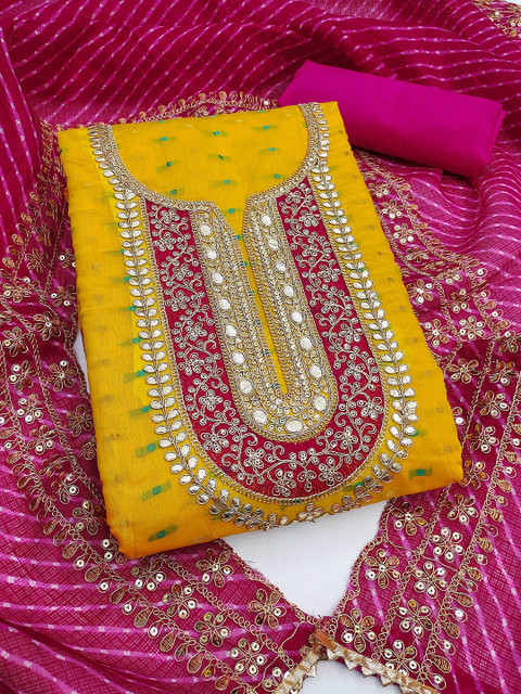 KALINI Ethnic Motifs Embroidered Sequinned Chanderi Butti Silk Unstitched Dress Material - Image 2