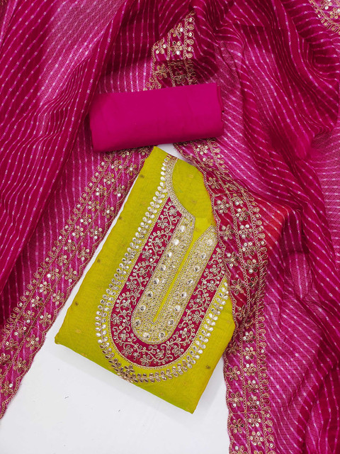 KALINI Ethnic Motifs Embroidered Sequinned Chanderi Butti Silk Unstitched Dress Material