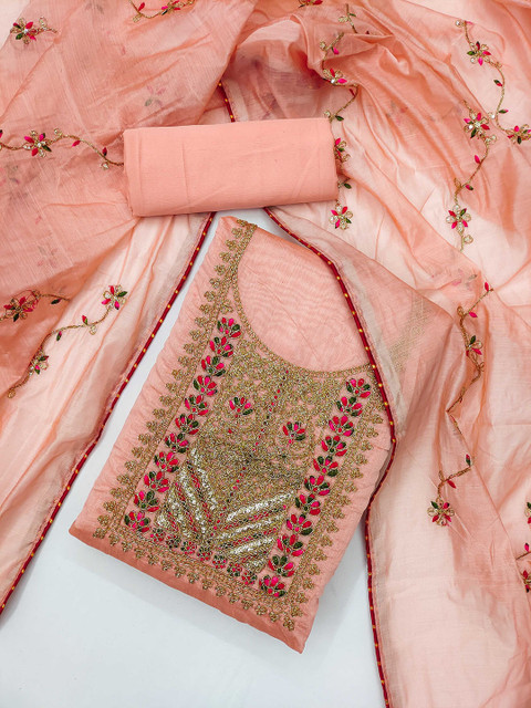 KALINI Ethnic Motifs Embroidered Sequinned Chanderi Silk Unstitched Dress Material