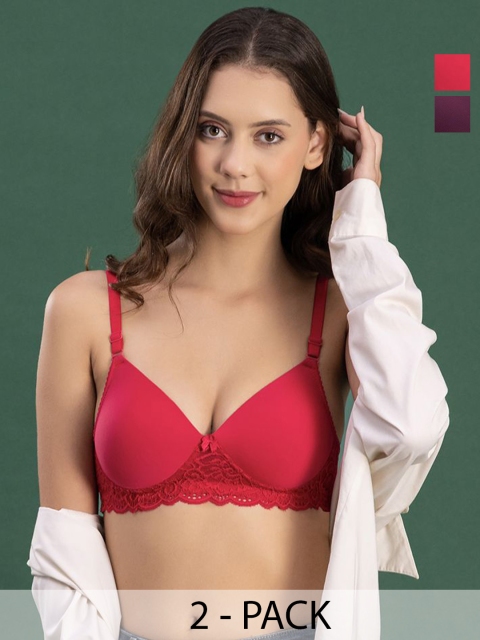 DressBerry Women Pack of 2 Medium Coverage Lightly Padded Lace Bra