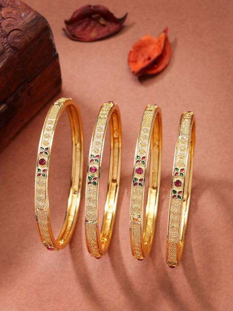 NVR Women Set of 4 Gold-Plated Artificial Stones Traditional Bangles