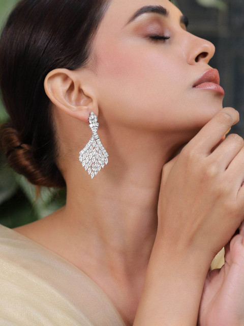 Rubans Rhodium-Plated Cubic Zirconia Stone Studded Diamond Shaped Drop Earrings