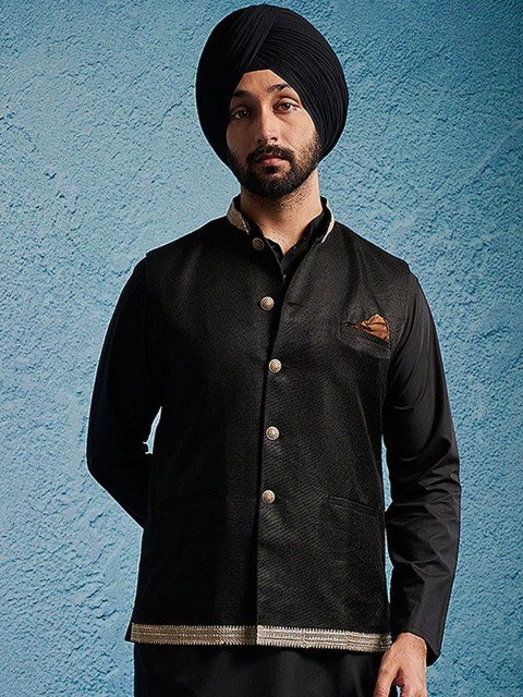 VASTRAMAY Men Woven Design Jute Cotton Nehru Jacket