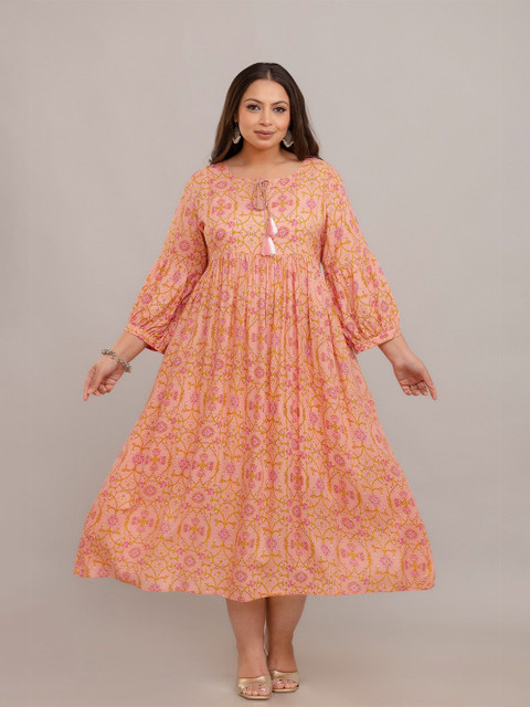 Fashion Zest Women Plus Size Floral Printed Tie-Up Neck Fit and Flare Midi Dress