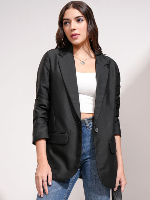 Tokyo Talkies Black Single-Breasted Notched Lapel Collar Double Vent Regular Fit Blazer