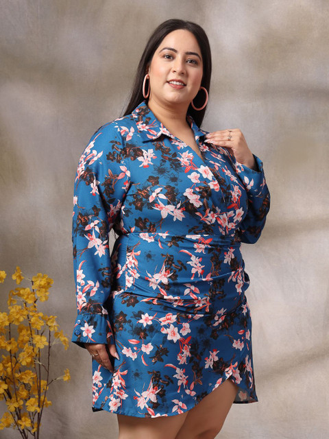 CURVE BY KASSUALLY Women Plus Size Floral Printed Wrap Mini Dress - Image 3