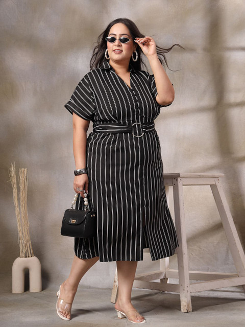 CURVE BY KASSUALLY Women Plus Size Striped Shirt Midi Dress