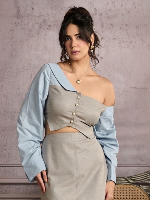 Lea Clothing Co. Women Colourblocked Off-Shoulder Crop Top