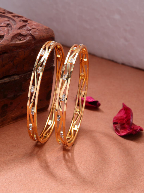 NVR Women Set of 2 Gold-Plated Cubic Zirconia Stone Studded Bangles