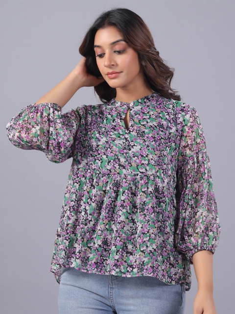 June 9 Clothing Women Floral Print puff Sleeve Chiffon Top - Image 3