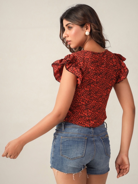 June 9 Clothing Women Printed V-Neck Flutter Sleeve Crop Top - Image 3