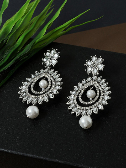 Anouk White And Silver-Plated Rhinestone Oxidized Studded Drop Shaped Earrings