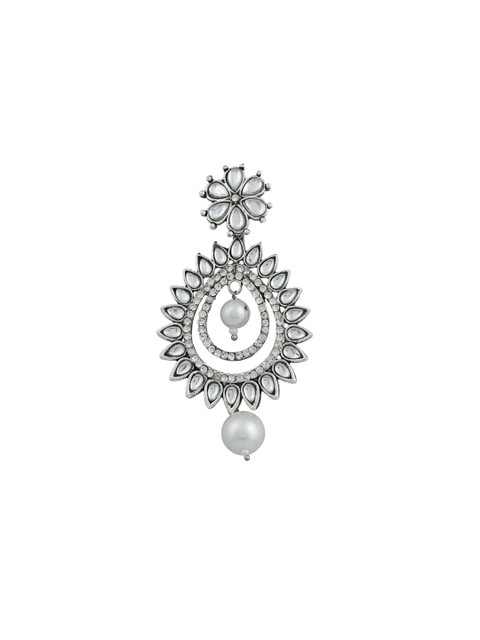 Anouk White And Silver-Plated Rhinestone Oxidized Studded Drop Shaped Earrings - Image 3