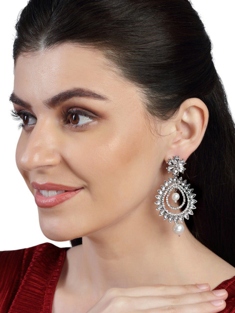 Anouk White And Silver-Plated Rhinestone Oxidized Studded Drop Shaped Earrings - Image 4