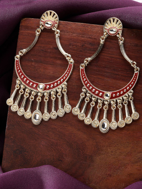 ZENEME Gold-Plated Red Kundan Studded Dainty Hanging Traditional Drop Earrings