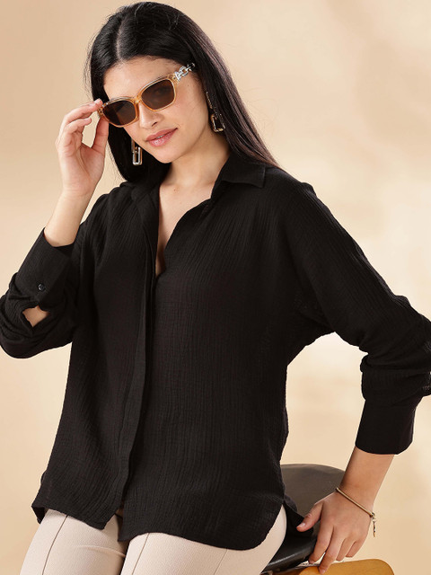 HERE&NOW Women Oversized Fit Spread Collar Textured Cotton Casual Shirt