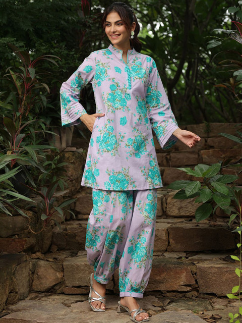 Jaipur Morni Floral Printed Mandarin Collar Pure Cotton Tunic With Trousers - Image 3