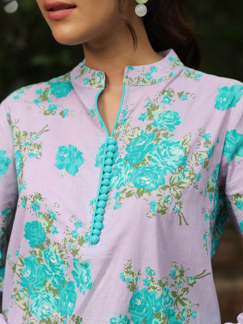 Jaipur Morni Floral Printed Mandarin Collar Pure Cotton Tunic With Trousers - Image 2