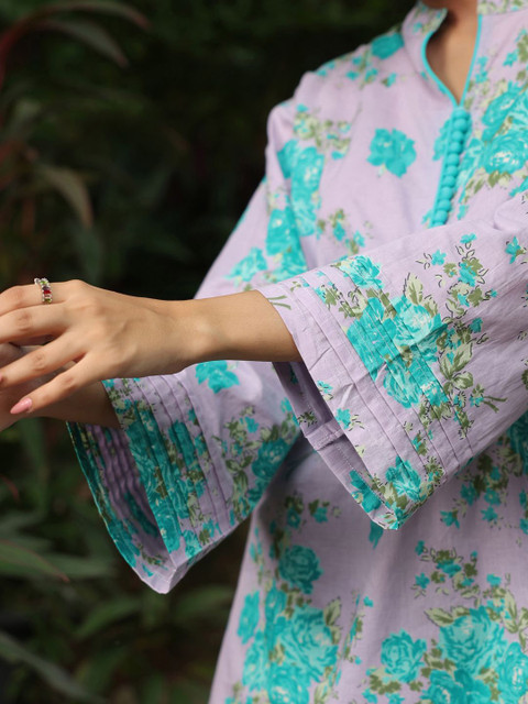 Jaipur Morni Floral Printed Mandarin Collar Pure Cotton Tunic With Trousers - Image 7