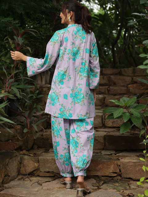 Jaipur Morni Floral Printed Mandarin Collar Pure Cotton Tunic With Trousers - Image 4