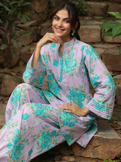 Jaipur Morni Floral Printed Mandarin Collar Pure Cotton Tunic With Trousers - Image 5