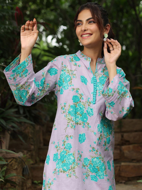 Jaipur Morni Floral Printed Mandarin Collar Pure Cotton Tunic With Trousers - Image 6
