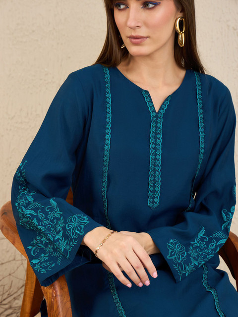 Indo Era Ethnic Motifs Embroidered Flared Sleeves Notch Neck Straight Kurta with Trousers
