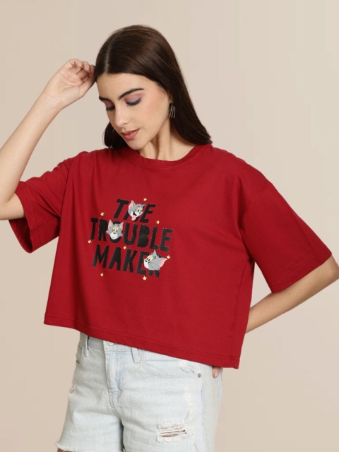 TOM AND JERRY by Dreambe Women Typography Printed Round Neck Cotton Boxy T-shirt - Image 3