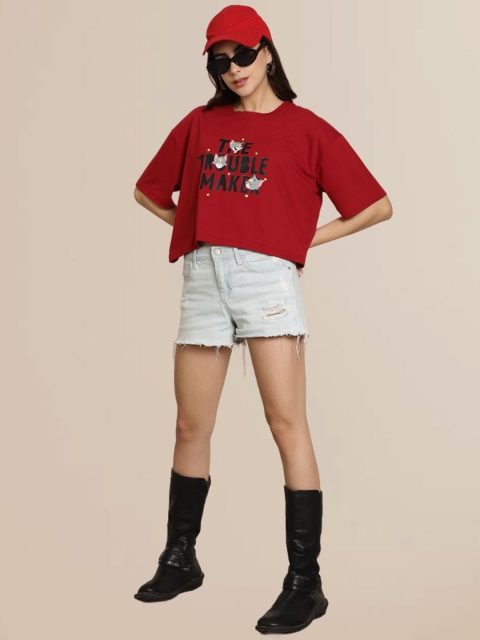 TOM AND JERRY by Dreambe Women Typography Printed Round Neck Cotton Boxy T-shirt - Image 5