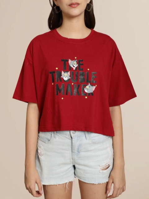 TOM AND JERRY by Dreambe Women Typography Printed Round Neck Cotton Boxy T-shirt - Image 2