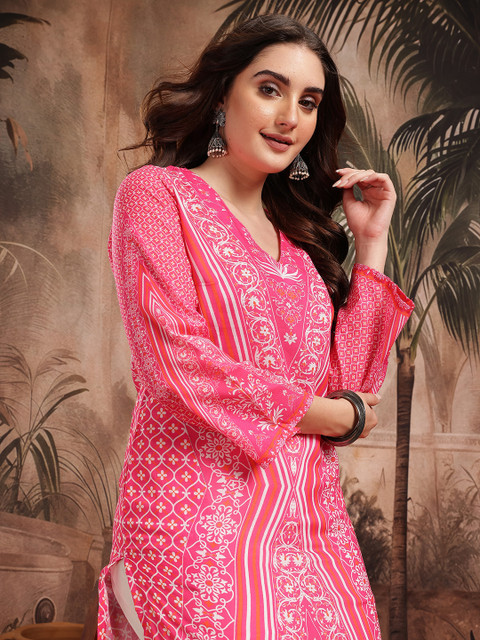 Sangria Ethnic Motifs Printed Flared Sleeves Straight Kurta