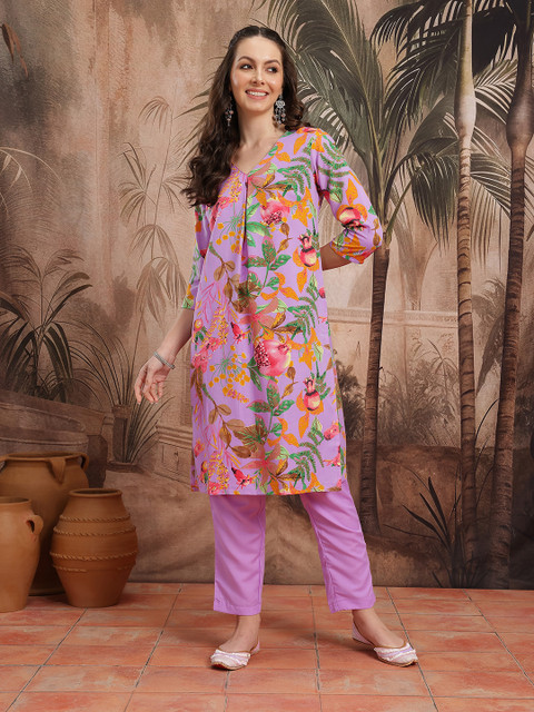 Sangria Floral Print Pleated Kurta with Trousers