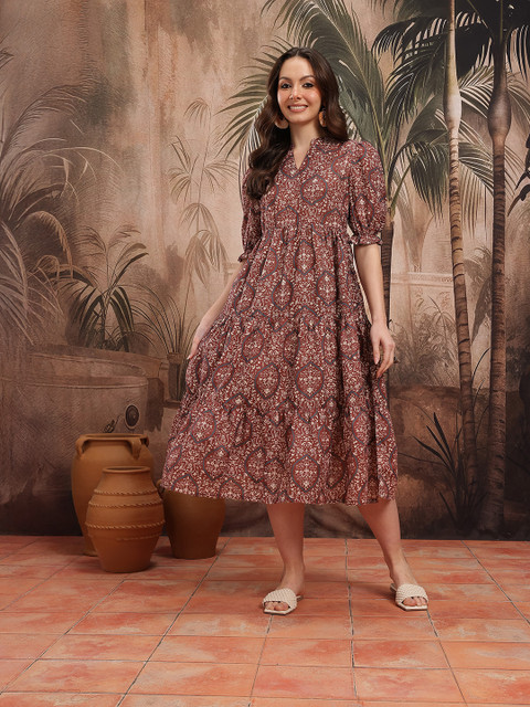 Sangria Ethnic Motifs Mandarin Collar Ethnic Midi A-Line Dress
