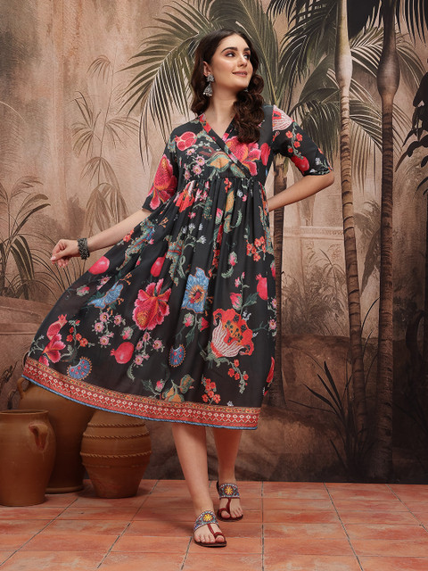 Sangria Floral Printed A-Line Ethnic Dress