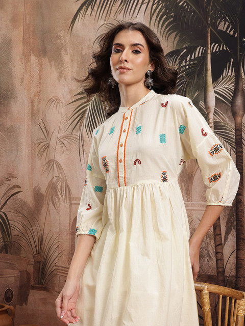 Sangria Ethnic Motifs Embroidered Pleated Pure Cotton Kurta with Trousers