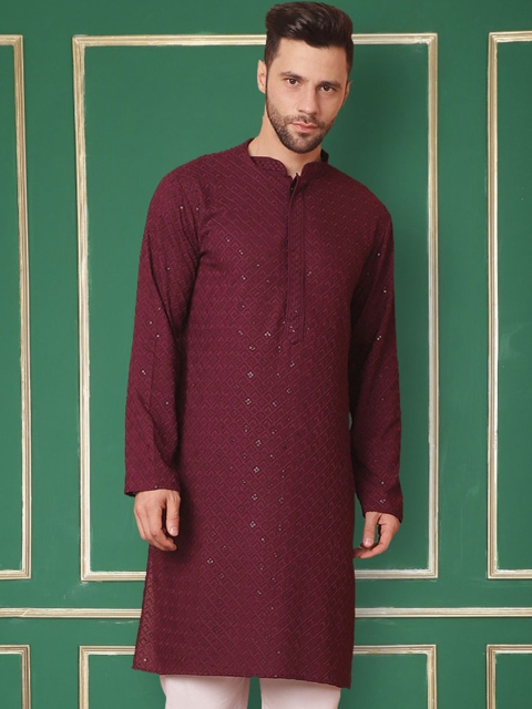 Jompers Chikankari Print Sequines Work Mandarin Collar Straight Kurta