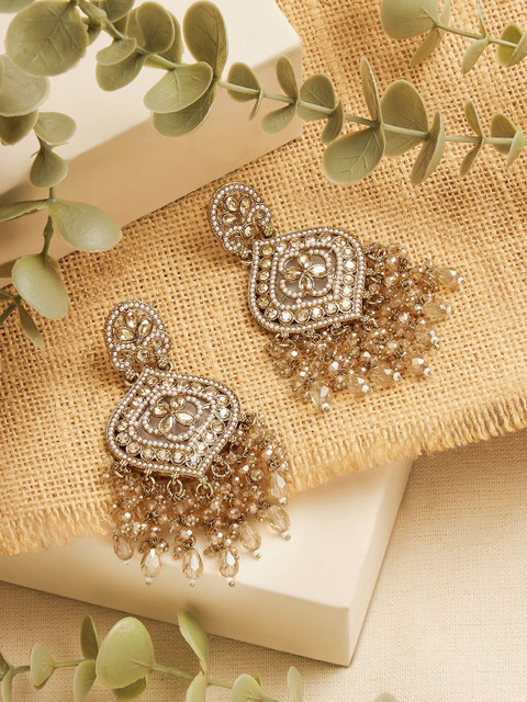 Zaveri Gold-Plated Artificial Stones Studded and Pearls Beaded Contemporary Drop Earrings